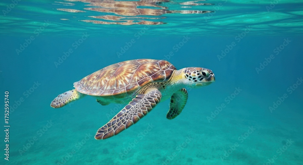 Fototapeta premium Sea turtle swims in clear blue ocean, light reflecting on water surface