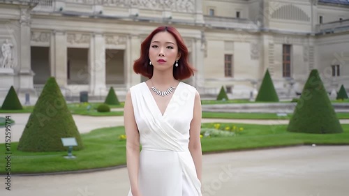 Elegant Young Woman with Reddish Brown Hair Posing in White Dress at Formal Garden Surrounded by Architectural Building
