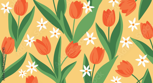 A seamless pattern of vibrant orange tulips and delicate white star-shaped flowers on a soft yellow background.