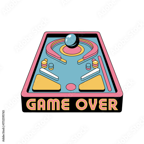arcade pinball machine, game over banner, glowing controls, classic amusement icon, vintage entertainment design, playful vector illustration