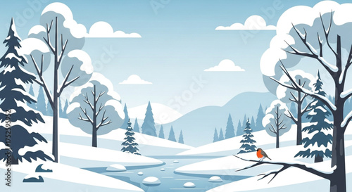 A serene vector illustration depicts a winter landscape with snowcovered trees, a frozen stream, and a robin perched on a branch