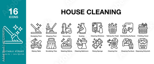 House Cleaning icon set. Includes house, hygiene, home, clean, service, cleaning and More. Editable Stroke Icon Collection.