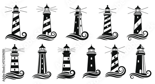 A collection of twelve diverse lighthouse illustrations with waves surrounding their bases.
