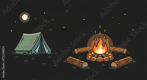 A cozy camping scene at night with a tent and campfire under the stars, creating a peaceful and relaxing atmosphere for outdoor adventure and relaxation