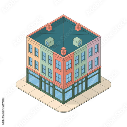 Brick corner mixed use building, retail ground floor, apartments above, urban streetscape, isometric real estate vector