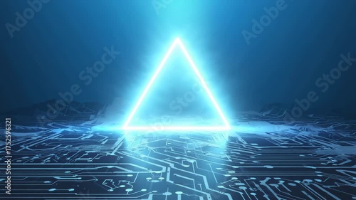 Glowing Neon Triangle Portal on Futuristic Circuit Surface Digital Gateway and Tech Energy Concept