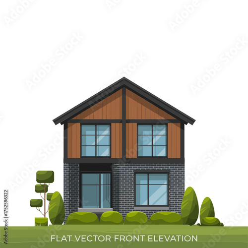 isometric contemporary family house, mixed materials facade, stone base and wood gables, landscaped yard, elegant residential architecture vector