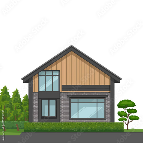 isometric modern suburban house, gable roof design, wood siding panels, front lawn hedges, minimalist exterior, family residence vector