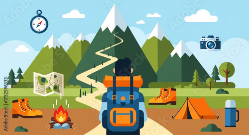 Illustration of a hiker with mountains, compass, map, campfire, boots, camera, tent, and thermos, showcasing the spirit of adventure and exploration
