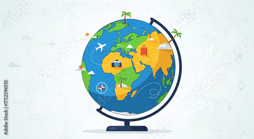 World travel and tourism concept with famous landmarks and transportation around the globe, , showcasing the beauty of destinations