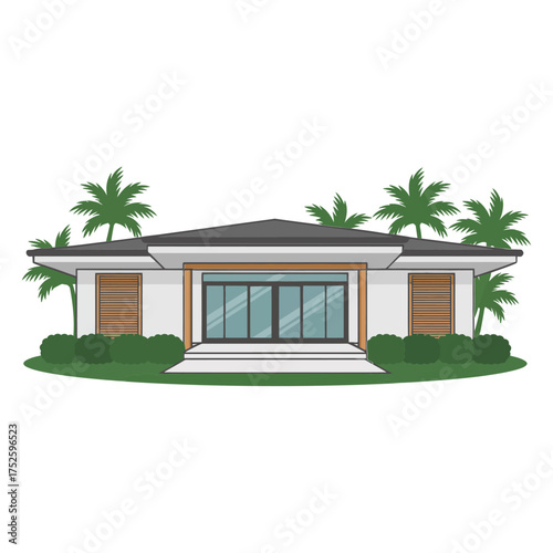 Modern tropical bungalow, symmetrical front elevation, wood screen accents, full height glazing, palm trees, minimal beach house vector