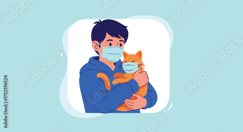 A young boy wearing a protective face mask holds his cat who is also wearing a mask.