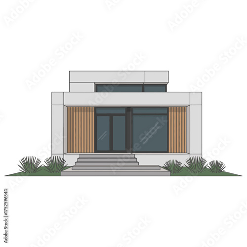 Minimal flat roof house, modern facade, wooden slat panels, central entry steps, low landscaping, clean residential architecture vector