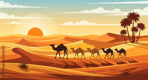 A vibrant desert scene with camels traversing the sand dunes under a warm sunset, palm trees adding a touch of oasis charm