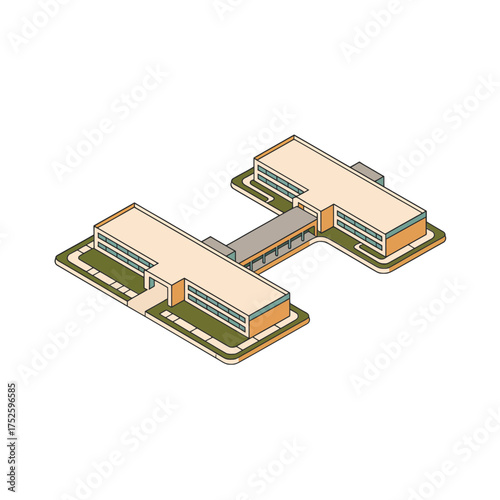 Isometric modular campus, single story blocks, connecting corridors, beige roofs, education facility, research center layout, architecture asset, vector
