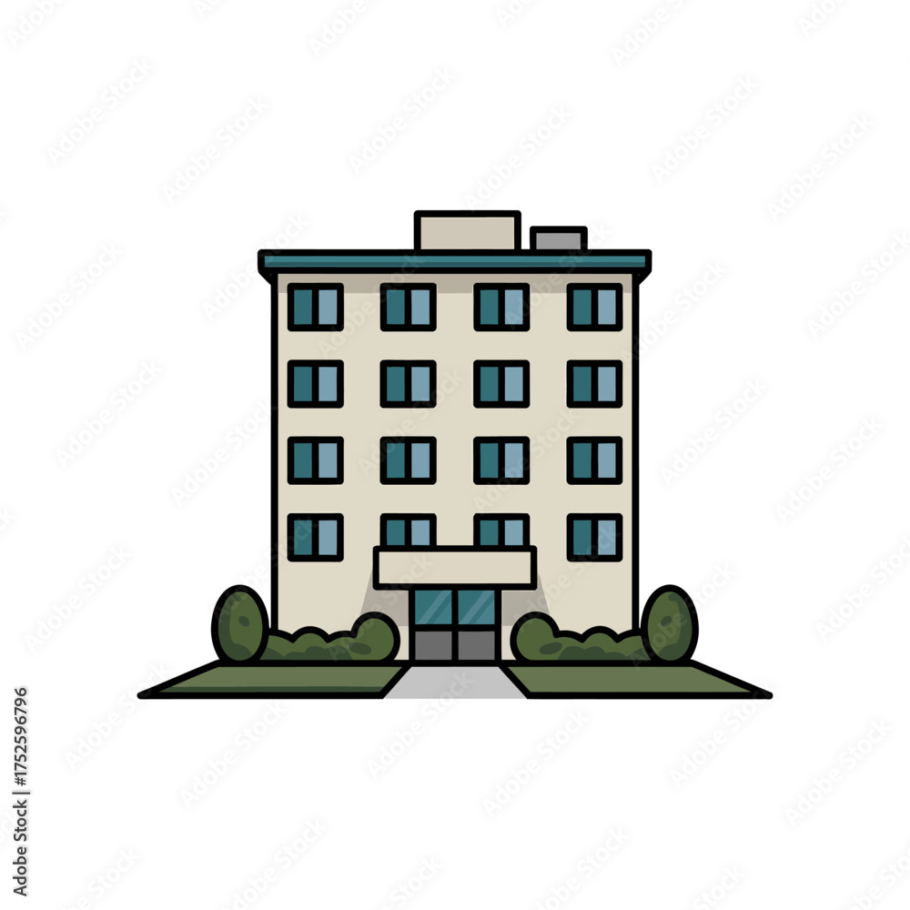 Obraz premium Front elevation apartment block, multiple windows, central entry path, landscaped grounds, urban housing facade, clean vector design