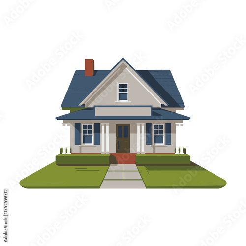 Traditional suburban home, blue roof dormer, inviting porch, front yard lawn, symmetrical facade, residential architecture, vector art
