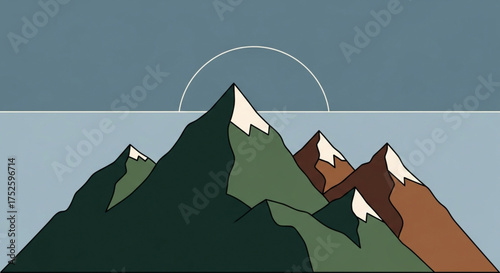 A serene mountain range is depicted with a minimalist style, featuring a muted color palette and a subtle sun rising behind the peaks, creating a peaceful scene
