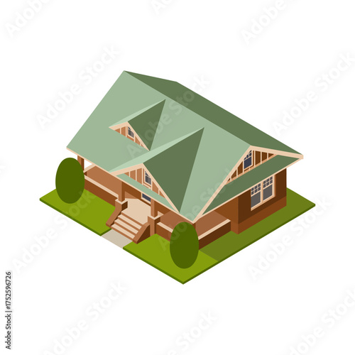Classic craftsman cottage, elevated steps entry, green roof, bushes around, isometric perspective, family housing illustration, vector