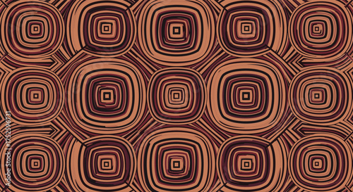 An intricate and repetitive pattern of concentric squares and rounded shapes in earthy brown and orange tones.