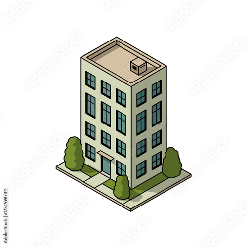 Isometric apartment building, midrise tower with rooftop unit, street landscaping, urban living concept, property development illustration