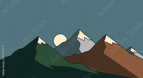 A tranquil mountain landscape is illustrated with a minimalist approach, showcasing a soft sun setting behind the peaks, rendered in a muted color scheme
