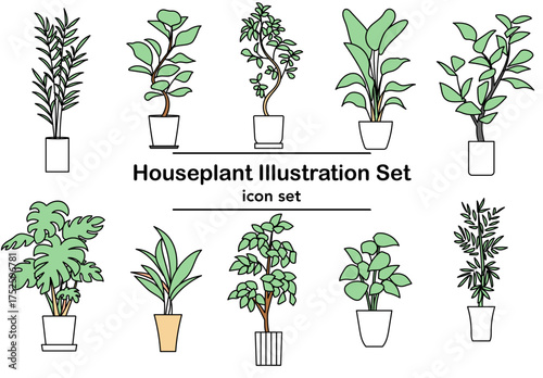 室内に並ぶ観葉植物をモチーフにしたベクターイラスト｜おしゃれなインテリアやナチュラルデザインに合う植物アイコンセットとして、グリーンの装飾や背景素材にも最適