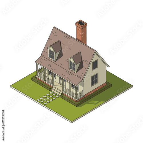 Vintage victorian farmhouse, wraparound porch, tall chimney, rural property, heritage architecture, detailed isometric exterior, vector graphic