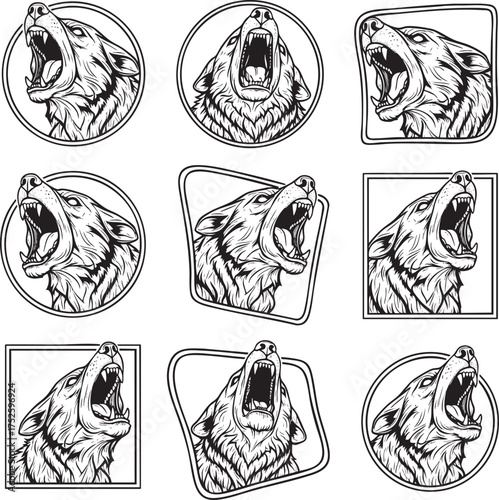 A collection of aggressive roaring wolf head illustrations in a monochrome emblem style.