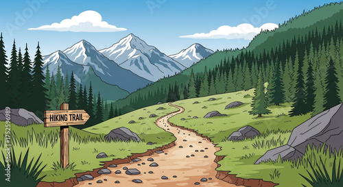 A scenic hiking trail winds through a lush green landscape, leading towards majestic snowcapped mountains under a clear blue sky