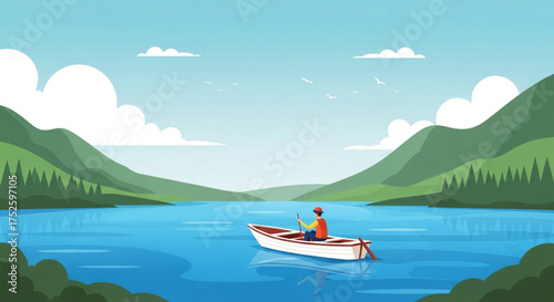 A serene lake scene with a person rowing a boat amidst mountains and lush greenery under a clear sky