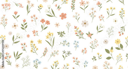 A delightful scattering of small pastel wildflowers covers this charming and delicate seamless floral pattern.