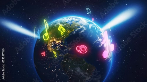 Planet Earth Surrounded by Glowing Neon Music Notes in Outer Space Global Streaming and Sound Concept