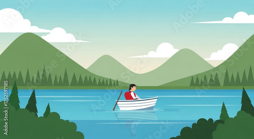 A serene scene unfolds as a person rows a boat across a tranquil lake, surrounded by lush green mountains and a clear blue sky, creating a peaceful atmosphere