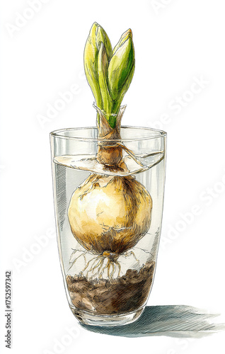 
A hand-drawn watercolor illustration of an amaryllis flower bulb in the soil, inside a glass vase, with a simple and clean white background.

