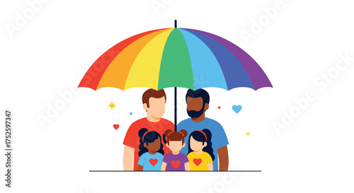 Diverse family stands together under a rainbow umbrella symbolizing love and protection.