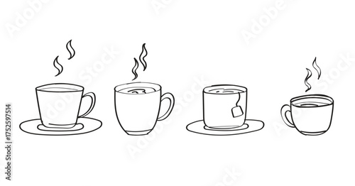 Set of various types of coffee and tea cups, hand drawn various coffee drinks