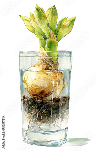 
A hand-drawn watercolor illustration of an amaryllis flower bulb in the soil, inside a glass vase, with a simple and clean white background.


