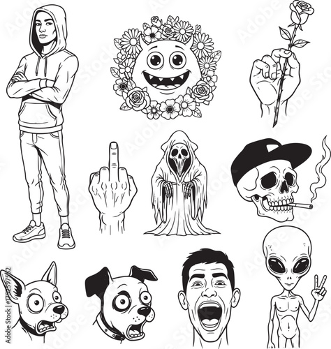 A collection of monochrome tattoostyle illustrations featuring a skull alien grim reaper and other characters.