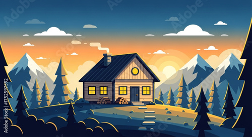 A cozy cabin nestled in a serene mountain landscape, with snowcapped peaks, lush trees, and a warm, inviting glow emanating from the windows at sunset