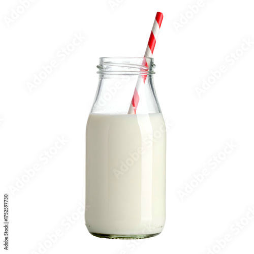 Clear glass bottle filled with fresh white milk and red striped straw.