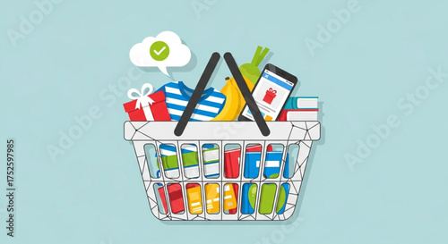 A shopping basket full of groceries and gifts, symbolizing online shopping, ecommerce, and the convenience of purchasing goods from the comfort of home