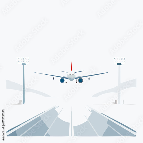 Airplane approaching a runway with tall lights on either side, illustrating a journey or arrival at an airport