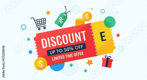 Eyecatching discount coupon vector illustration with up to 50 off, shopping cart, gift box, and coins, ideal for promoting limitedtime offers