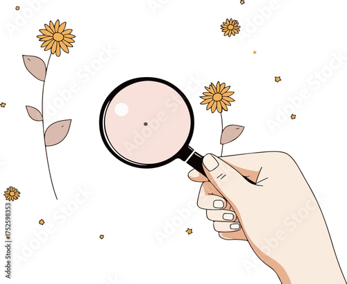 Magnifying Glass Examining Flowers