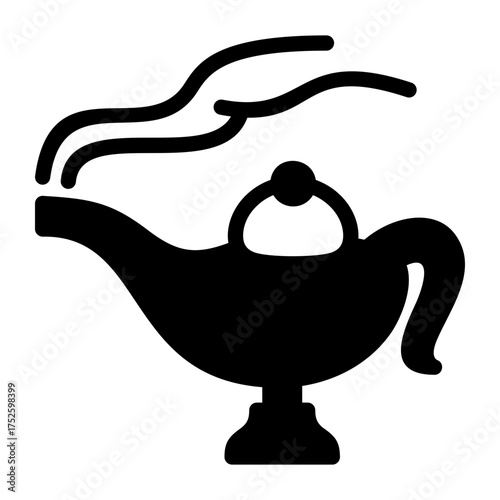 Mystical Magic Lamp with Smoke Glyph Icon | Classic Black Silhouette of a Genie Lamp from Arabian Nights Folklore, Ideal for Storytelling, Fantasy Themes, Wish Concepts, and Gaming App Icons