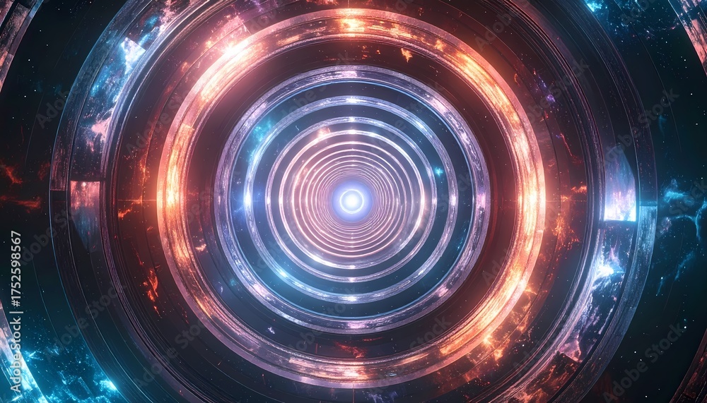 Fototapeta premium Abstract Sci-Fi Tunnel with Glowing Neon Rings and Futuristic Design.