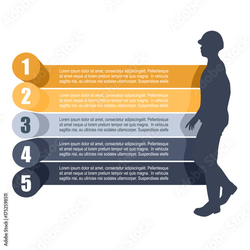 Silhouette of man architect with five features or option of project to select. Construction manager wearing hardhat. Information visualization. Project management, engineering and safety inspection.