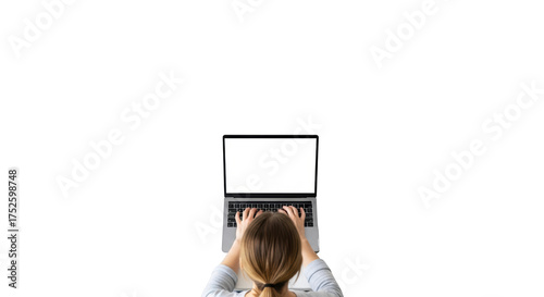 Visual top view of a woman working on a laptop with a blank screen isolated on.