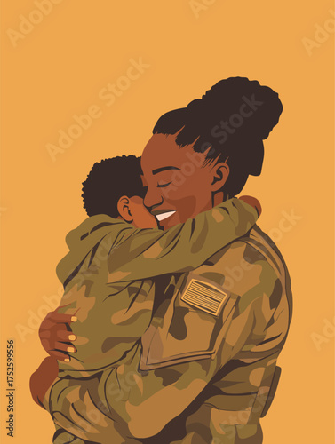 Flat Vector of African Woman Soldier Hugging Child After Deployment